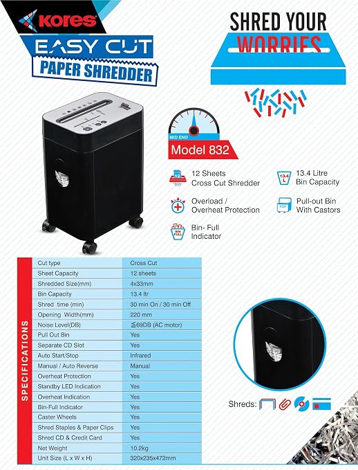 Kores Easy Cut 832 Paper Shredder | 12-Sheet Cross Cut (P4) | Office Use | Pull-Out Bin | Bin Full Indicator | High Security Document Shredder - Image 2